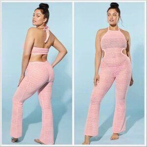 Yitty Lizzo Knit Slip Flare Leg Pink Blush Crochet Festival Jumpsuit Size XL